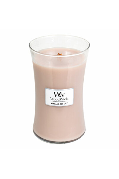 WoodWick Vanilla & Sea Salt scented candle with a wooden wick, 609.5 g
