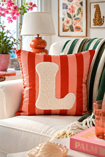 Pilloveland Punch Embroidered Throw Pillow Cover - 43*43 cm - Orange Letter L...