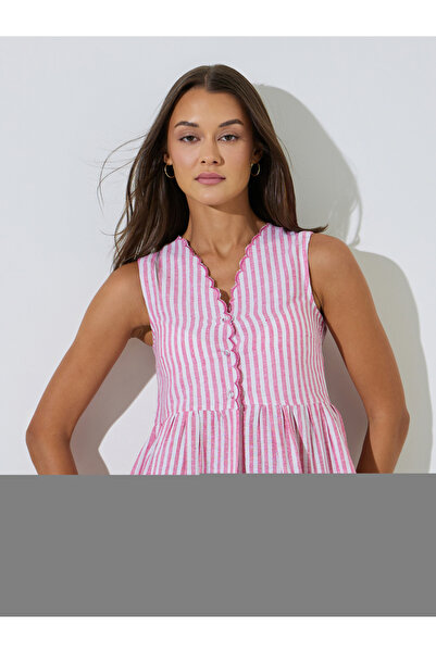 Styli Pink Striped Embroidered Sleeveless Peplum Top