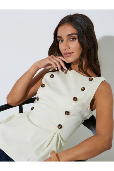 Styli Beige Button Details Sleeveless Peplum Blouse