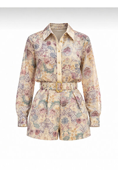Zey Studio Women's Yellow Patterned Shirt and Shorts Set with Gold Belt Detail