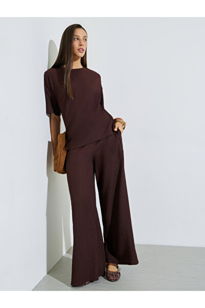 Styli Coffee Brown Textured Top and Wide Leg Trousers Co-ord Set