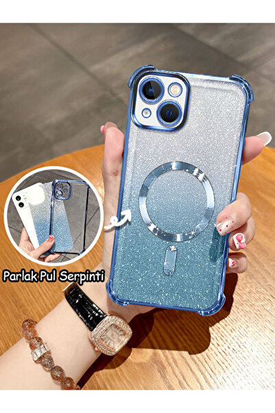 CASEVIBE iPhone 13 Uyumlu Şeffaf simli dört köşe darbeye dayanıklı koruyucu k...