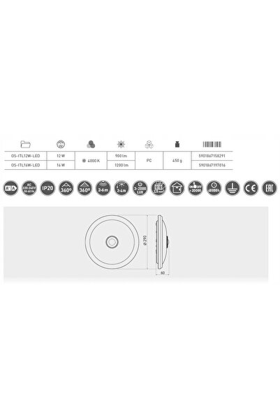 GTV Plafonieră LED Italia OS-ITL16W-LED cu senzor de mișcare, albă