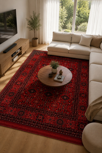 Beyhome Afgan Uşak Otantik Desenli Kaymaz Taban Bambu Görünümlü Dokuma Halı