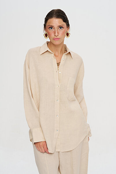 Orfeo Negro Women's Single Pocket Flowy Relaxed Fit 100% Linen Shirt