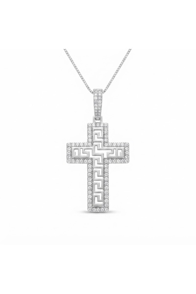 PIETRICELE Colier Unisex Cruce Mare, Argint 925 placat cu rodiu, zirconii