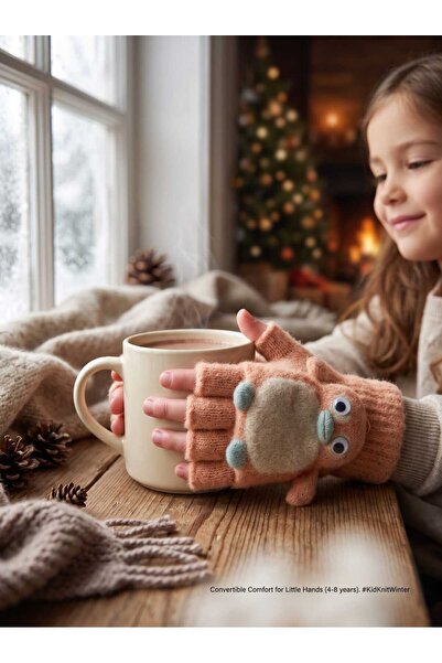 Aware Time 4-8 Years Old Girls' Open-Closed Cut-Out Angora Knitted Gloves