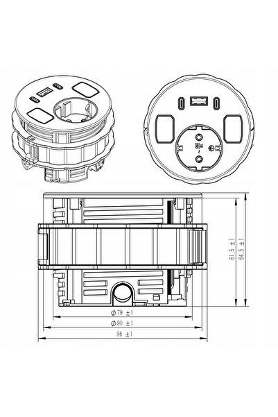 Spacetronik Priză de încorporat în blat, rotundă, Schuko USB, neagră