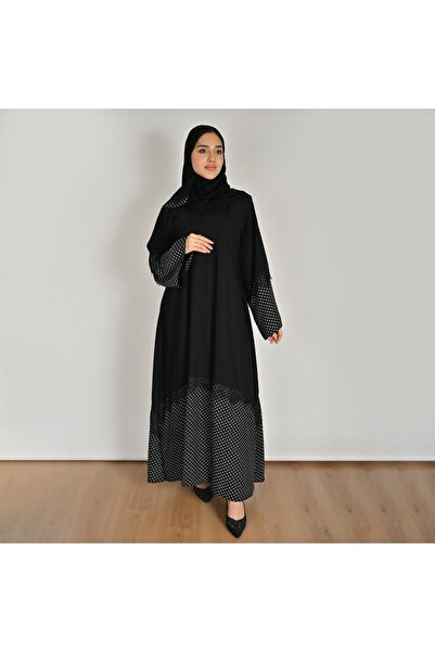 HAWRAA ABAYA عباية لف سوداء راقية بتداخل قماش شيفون منقط ودانتيل