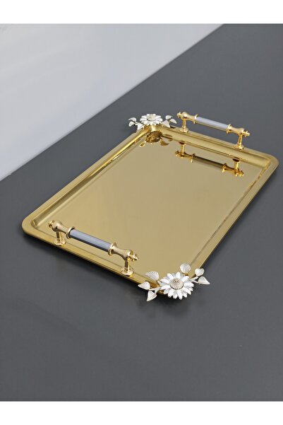PARILTI HOME COLLECTİON Figured, Metal Handle, Stainless Steel Rectangular Tr...