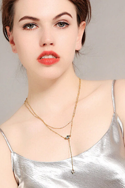 VeeShop Colier multilayer dublu, 2 medalione cu cristale si lantisoare cu bil...