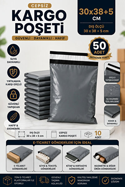 Monrize Concept 50'li Kargo Poşeti 30x38+5 cm Cepsiz Gri | Güçlü Yapışkan Ban...