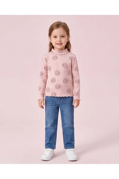 REDTAG Girls Pink Floral Print Rib High Neck T-Shirt