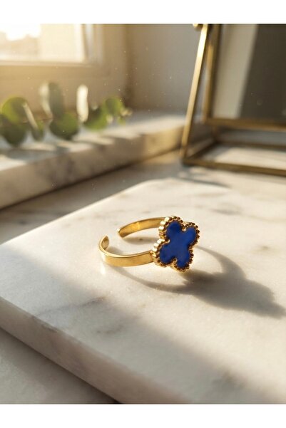 Meneva Aksesuar Golden Yellow Luxury Design Adjustable Steel Ring with Blue C...