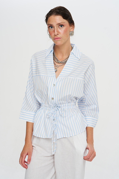 Orfeo Negro Women's Striped Flowy Shirt with Drawstring Waist and Tie