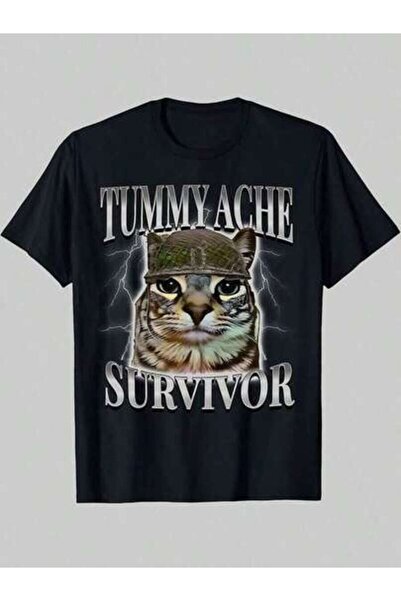 23ERVA Tummy Ache Survivor Cat Meme Saying Cats Animals T-Shirt Funny Vintage...