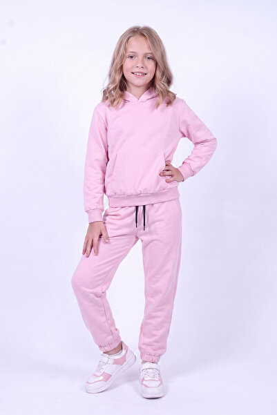 FYK KİDS Girl's Plain Kangaroo Pocket Hooded Tracksuit Set