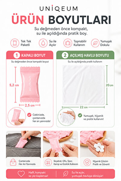 Uniquem 24 Adet Sıkıştırılmış Makyaj Temizleme Mendili Havlusu 22x20 cm Suyla Açılan Pratik Kullan At