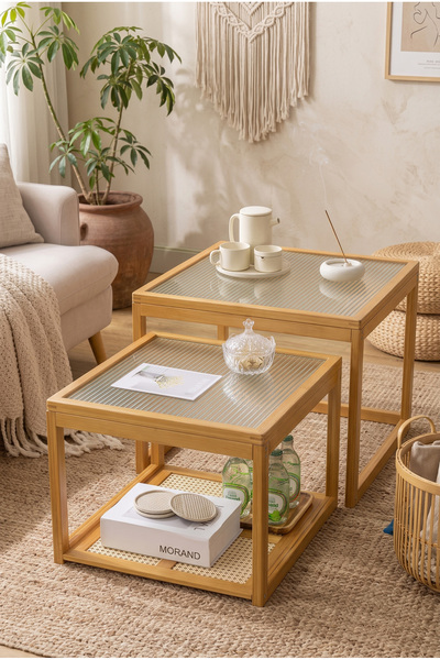 Robin Home Modern Doğal Bambu 2'li Kare Orta Sehpa Seti Temperli Camlı ve Yap...