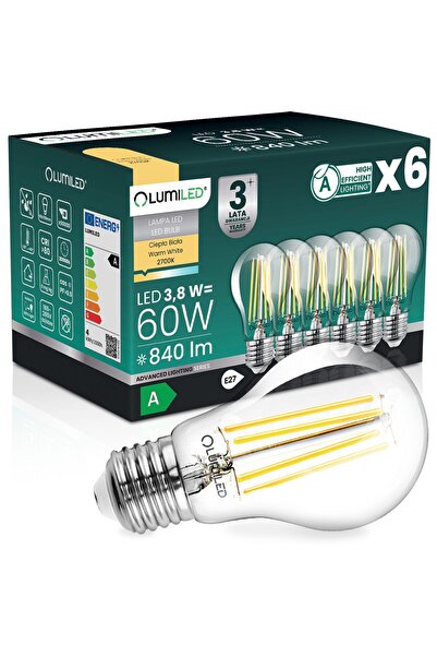 Lumiled 6x Bec LED E27 A60 3.8W 840lm = 60W 2700K Cald 360 °   Filament CLASA A