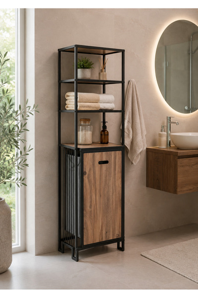 boz concept home منظم حمام معدني، رفوف حمام، وحدة رفوف خشبية مع سلة غسيل 142 سم