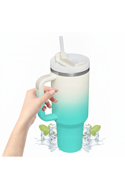 Generic Cană termică mare 1200ml cu izolație dublă și capac, cu pai - Turcoaz