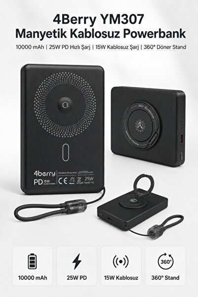 4 Berry YM307 10000 mAh Manyetik Kablosuz Powerbank – 25W PD Hızlı Şarj, 15W ...