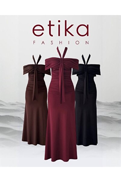 Moda Days Women's Burgundy Midi Dress Strapless Collar Draped Halter Lace-Up ...
