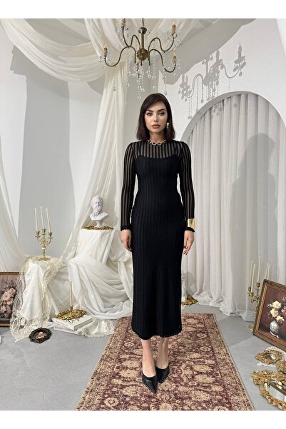 Moda Days فستان نسائي أسود طويل الأكمام بياقة دائرية وتفاصيل من التول المخطط ...