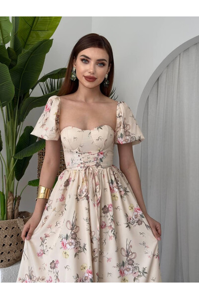 Clothes Fast Rochie midi de damă, bej, cu imprimeu floral, cu șireturi, mânec...