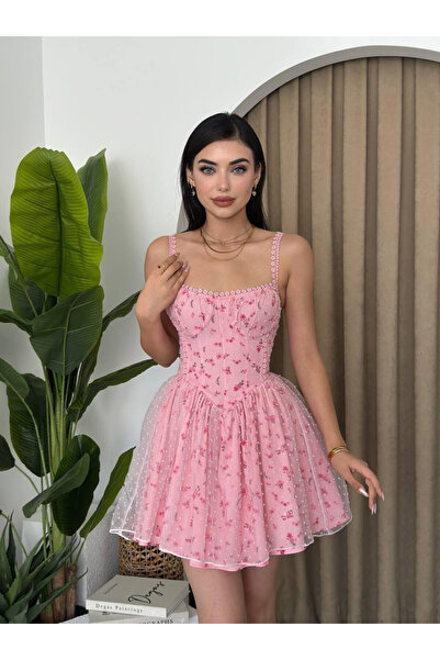 Clothes Fast Дамска розова мини рокля с презрамки, квадратно деколте, флорале...
