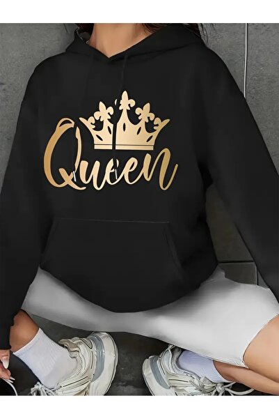 JENOLAN Crown & Queen Text Printed Black Gray Hooded Kangaroo Pocket Unisex O...