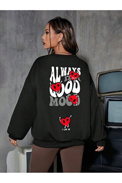 JENOLAN سويت شيرت نسائي أسود كبير الحجم مطبوع عليه عبارة "Always Good Mood" ل...