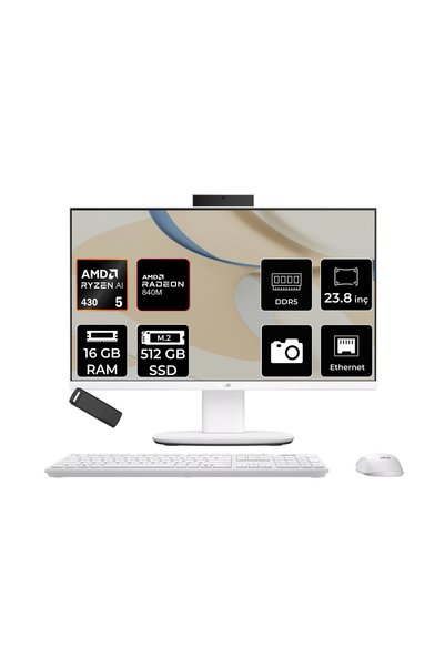 ASUS Expertcenter V600 Aio (VM640GA) AMD RYZEN AI 5 430 16GB RAM 512GB SSD AMD Radeon 840M 23.8" Full HD (1920x1080) FreeDOS VM640GA-WPC030WP308 Beyaz All In One Bilgisayar + Per4 USB Bellek