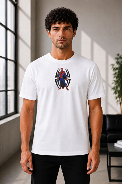 Unisex Oversize Nakışlı Üçlü Spider-Man Tasarım %100 Pamuklu T-shirt