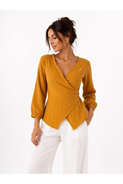 Mulberry Women's Muslin Double-Breasted Blouse Kimono – Long Sleeve, Tie-Deta...