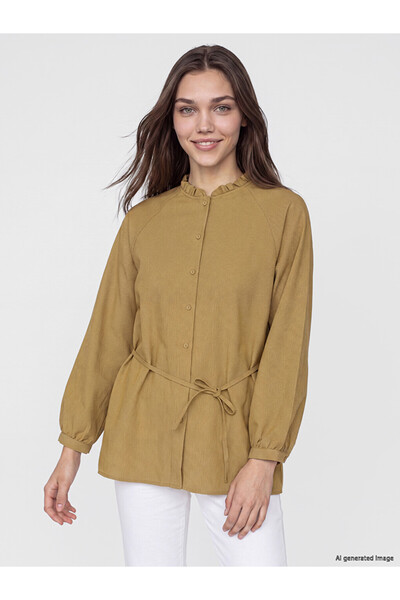 LC Waikiki Lcw Modest Green High Collar Belted Striped Women's Shirt Tunic