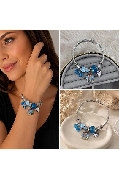Bozhi Blue Elephant Accessory Detailed Silver Color Women's Accessory Bracele...