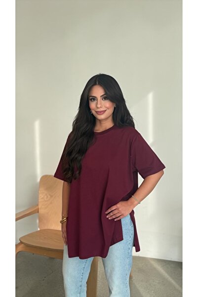 ARDİL TASARIM ATÖLYESİ Kadın %100 Pamuk Yırtmaçlı Yuvarlak Yakalı T-shirt