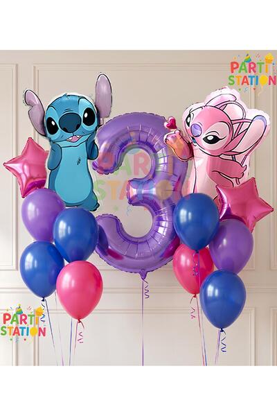 Parti Station Lilo Stitc Balloon and Angel Balloon 3 Years Old 13 Piece Purpl...