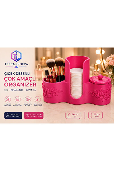 Çiçek Desenli Çok Amaçlı Masaüstü Organizeri – Kapaklı Kalemlik & Telefon Standı