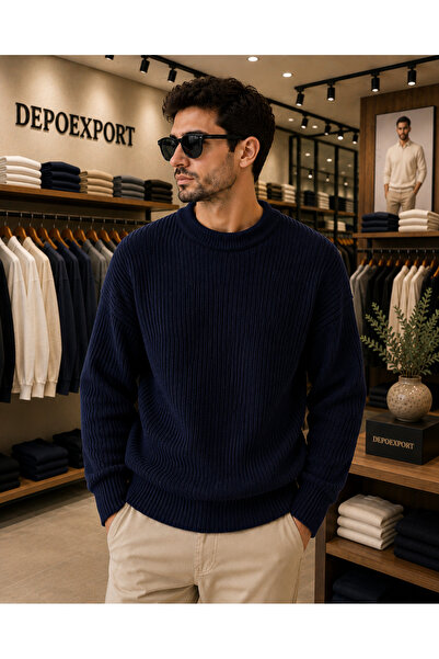 DepoExport Erkek Premium Oversize Yumuşak Bisiklet Yaka Triko Kazak