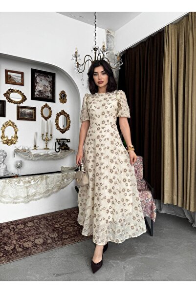 Clothes Fast Women's Coffee Midi Dress Crew Neck Floral Pattern Balloon Sleev...