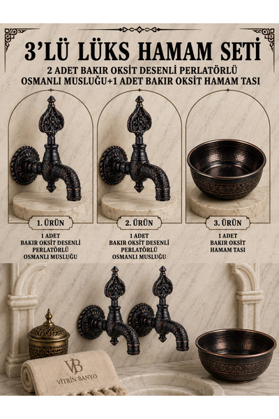 vb vitrinbanyo 3'lü Lüks Hamam Seti 2 Adet Bakır Oksit Desenli Perlatörlü Osm...