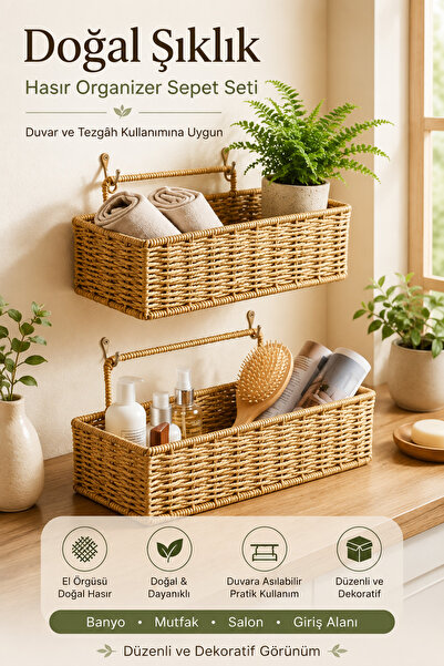 ALL FAST 2’li Duvar Askılı Plastik Rattan Görünümlü Organizer Dikdörtgen Hası...