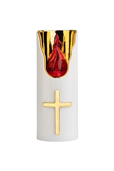 LCA Set 2 x Candela Electronica Alba, Flacara Rosie, Ornament Cruce Aurie, 12...