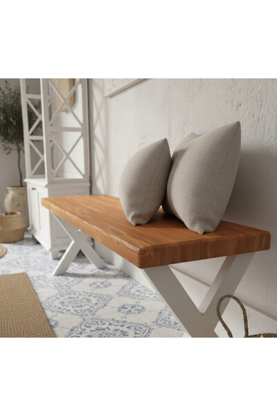 raweyn Andora Masif Ahşap Mutfak Yemek Masası Bank Bench Beyaz Metal Ayak 80 cm
