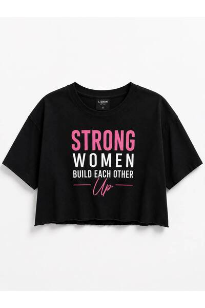 Lizbon Style Tricou crop pentru femei Strong Women, imprimat, supradimensiona...