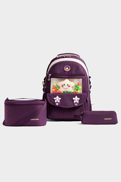 By Hakan 1940 Triple Set Primary School Bag with Pen Holder and Lunch Bag Purple